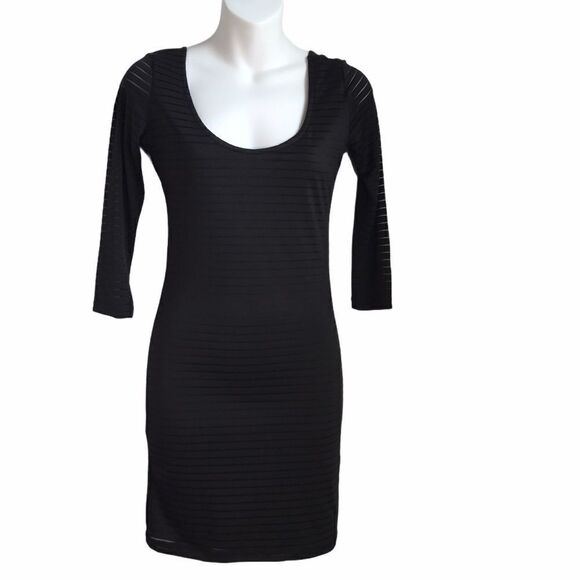 Forever 21 Black Horizontal Striped Scoop Neck Mini Long Sleeve Bodycon Dress S - Picture 1 of 15
